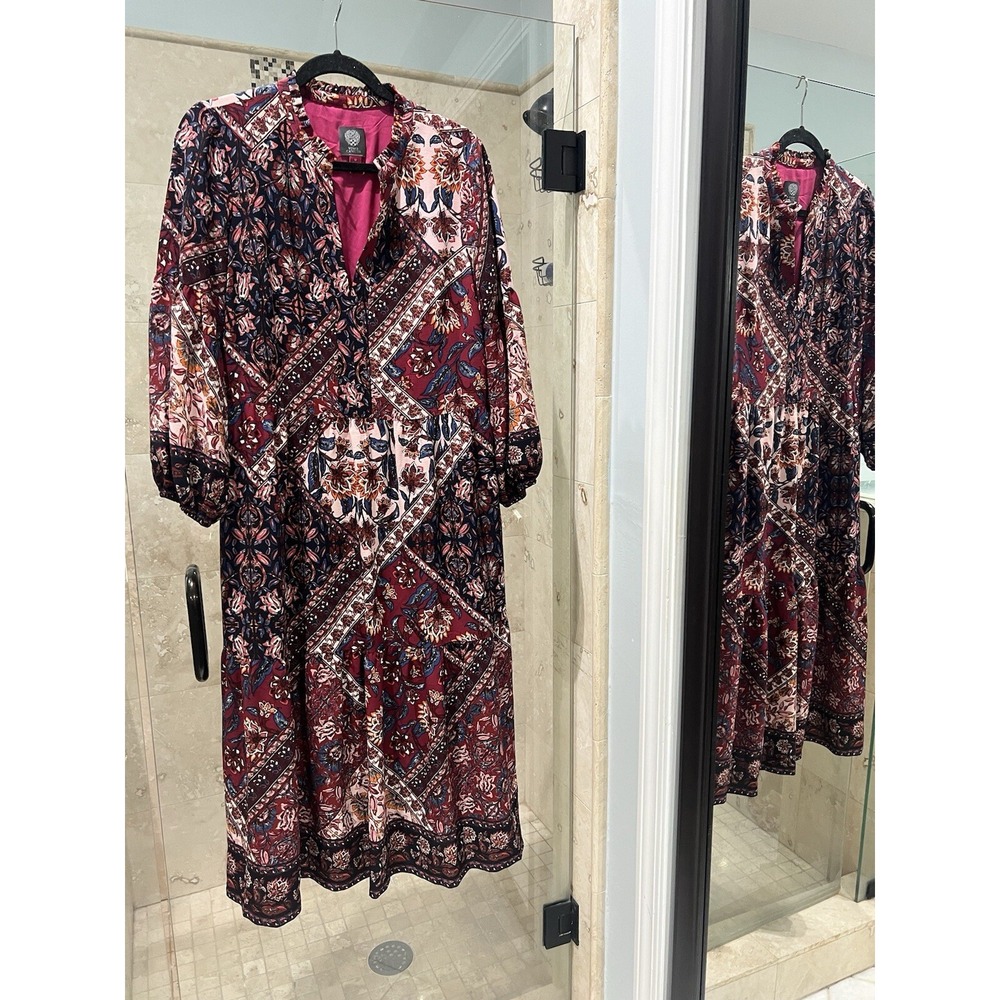 Vince Camuto Womens Dress 12 New Fall Maxi Boho Floral Red Orange Bell Sleeve
